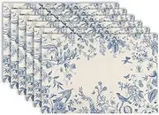 AnyDesign 6Pcs Blue White Floral Placemats Flower Birds Branches Table Place Mats 12 x 18 in Vintage Non-Slip Heat Resistant Kitchen Dinner Mat for Home Dining Table Decoration