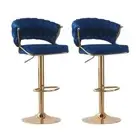 SERENITà Blue Velvet Padded Golden Round Base Barstools Chairs x 2