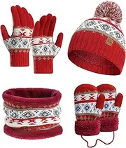 [TLAENSON] Kids Winter Hat Scarf Mittens 4 Set, Boys Gloves 3–8 Years Soft Knit Neck Warmer Gaiter Beanie Hat with Pom