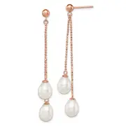 Sterling Silver Rose-Tone 7-8mm White Teardrop Fwc Pearl Dangle Earrings