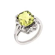 Sterling Silver 14K White Gold Plated Checker-Cut Lemon Quartz u0026 Diamond Gemstone Birthstone Ring Fine Jewelry Gift for Her