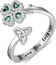 [Feijiesi] St Patricks Day Shamrock Ring 925 Sterling Silver Celtic Knot Ring Four Leaf Clover Rings for Women Clover Jewelry Gifts for Women Girls, Sterling Silver, Cubic Zirconia