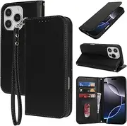 for iPhone 16 Pro Max Case Leather Wallet Magnetic Flip Cover with Wrist Strap Card Holders SunYoo Case Women RFID Blocking Porte Feuille Portefeuille Coque étui for iPhone 16 Pro Max Femmes Black