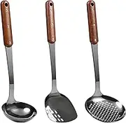 FJNATINH Stainless Steel Wok Spatula,Ladle,Skimmer Ladle Tool Set,Mirror Polished Cooking Utensils with Wooden Handle,Easy to Clean Wok Accessories,Black 3 PCS