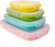Pack of 4, Collapsible Food Supplement Box, Collapsible Silicone Food Storage Container with Clip-on Lid, Stackable, Space Saving, Dishwasher Safe, BPA Free