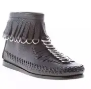 ALEXANDER WANG,Montana, black leather flat ankle boot, fringes & rings, Size 37
