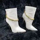 Venomous White Pointy Toe Spike Stiletto Heel Ankle Boots Gold Tone Chain