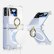 [RUNGOS] Magnetic Clear for Samsung Z Flip 4 Case Magsafe with Ring Stand [Hinge Protection] [360° Rotatable Ring Holder] [Mil-grade 4-Corner Airbag Reinforcement] Cover for Samsung Galaxy Z Flip 4 Case