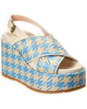 Gucci Straw & Leather Platform Wedge Sandal Women's Blue 37.5