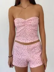 Floral stretch tube top & lace shorts set