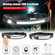 COB LED Motion Sensor Headlamp Rechargeable USB Band Headlight Torch Flashlight