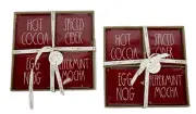 Rae Dunn Winter Coasters Egg Nog Hot Cocoa Spiced Cider Mocha 4" Burgundy Tiles