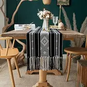 Boho Table Runner with Tassel, Farmhouse Table Runner 71 Inches Long for Dining Table Decor, Wedding, Party and Dresser Decor, Black and White