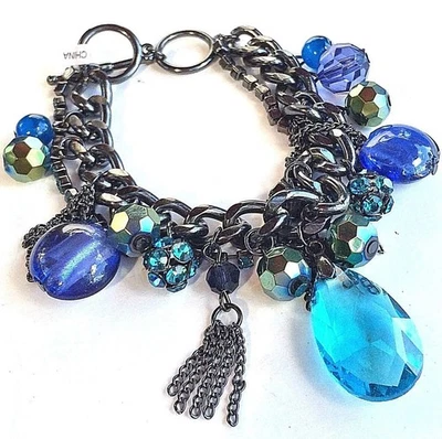 Boho Bead Tassel Bracelet Charm Rhinestone Blue Toggle Chain Bold