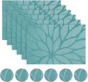 Placemats and Coaster Sets Teal Set of 6 - Woven Vinyl Dinning Table Placemats Heat Resistant Non-Slip Washable Wipe-Clean Place Mats for Home, Kitchen (6 placemats + 6 coasters)(BlueGreen)