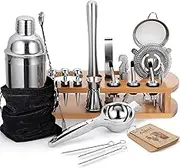 24-Piece Cocktail Shaker Bartender Kit with Stand, 24 oz Martini Shaker, Mixing Spoon, Muddler, Measuring Jigger, Lemon Squeez, Tongs, Corkscrew, Liquor Pourers and More Professional Bar Tools