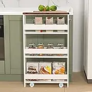 Giantex AU Slim Storage Trolley, Wooden Mobile Cart, w/ 2 Casters, Side Handle, Space-saving, 4-tier Utility Cart Tower, Gap Pantry Organiser Shelf for Kitchen, Bathroom, Laundry Narrow Places, White