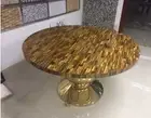 Round Coffee Table Top with Brick Design Tiger Eye Stone Patio Corner Table