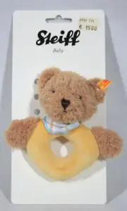 RARE! STEIFF ORIGINAL BEAR BABYYELLOW SAFE TEETHING RING W/ RATTLE NEW ON CARD