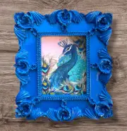 Peacock bird mini art print of acrylic painting in vintage style ornate frame