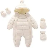 Minnie Me Baby Pom Hooded Velvet Snowsuit Overalls Beige 6-9M Tag80