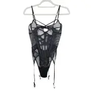Forplay Black Mesh Hi Cut Cheeky Teddy With Garters Size Large