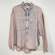 One Teaspoon Daria Denim Shirt Small Pink Blue Snap Button Oversized Shacket