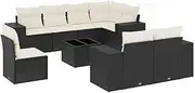 vidaXL 9 Piece Garden Sofa Set - Outdoor Modular Lounge with Cushions and Glass Table - Black Poly Rattan Patio Furniture with Storage