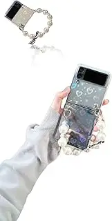 Compatible with Clear Laser Glitter Heart Case with Pearl Chain Wrist Strap for Samsung Galaxy Z Flip 3 5G, Cute Shockproof Hard PC Cover for Women & Girls