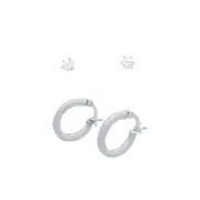 Plain Round Hoop and Stud Earring Set with Cubic Zirconia in Sterling Silver