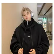 Stand Collar Mock Two-Piece Plain Star Accent Hoodie Black - XL