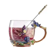 Catzon 2Pack Enamels Butterfly Flower Tea Cup with Spoon Gifts for Women Wife Mom Her-Blue