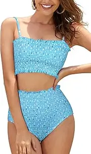 [SHEKINI] Women's Smocked Bikini Swimsuit Bandeau Top High Waist Bottom Tummy Control Bathing Suits Two Pieces