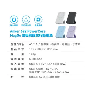 Anker A1611 622 MagGo 5000mAh 磁吸無線行動電源