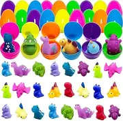 Pinkiwine 24 Pack Plastic Prefilled Easter Eggs with Dinosaur Mochi Squishy Toys Inside for Kids Boys Girls Toddlers Easter Basket Stuffers Gifts Easter Egg Fillers