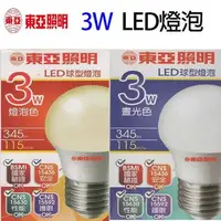 在飛比找PChome24h購物優惠-【5入組】東亞 3W LED球型燈泡(白光/黃光)