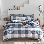 LIFETB Blue White Plaid Duvet Cover Twin Modern Soft 100% Cotton Comforter Cover Simple Style Plaid Grid Duvet Cover with 2 Pillowcases Blue White Grey Checked Bedding Set Twin