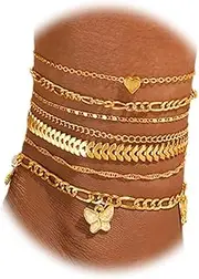 [ZMJK] Adjustable Waterproof Layered Anklets Bracelets for Women Summer Beach Jewelry Cuban Link Chain Anklets Set Herringbone Paperclip Beaded Snake Chain ​Stackable Anklet Bracelet