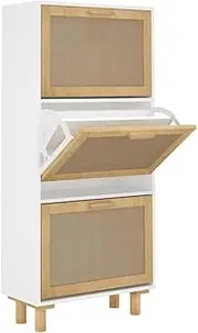 [vidaXL] Shoe Cabinet Shoe Storage Shelf Rack Stand Entryway Hallway Shoe Cupboard Home Organiser White Engineered Wood and Natural Rattan