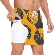 [GuoChe] Mens Swimming Trunks Men Lined Workout Shorts Sports Basketball Orange Black with Pockets and Compression Liner Beach