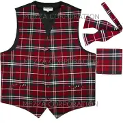 New Vesuvio Napoli Men's plaid Tuxedo Vest_Self Tie Bowtie & Hankie set Red