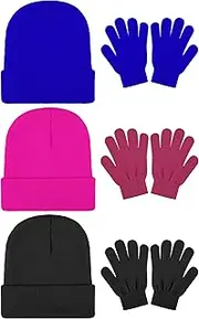 [Cooraby] 6 Pack Kid's Winter Beanies Hat Full Fingers Gloves Set Skull Winter Caps Stretchy Gloves for Boys Girls