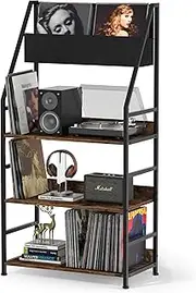 OELUBBY Record Player Stand with Vinyl Storage, 3 Tier Display Shelf Holds Up to 400 Albums, Large Record Holder Console Table Cabinet for Living Room