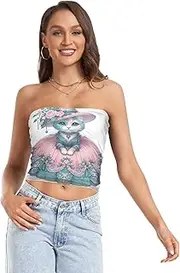 [RPLIFE] Funny Kitten Fashion Cat Women Tube Top Strapless Cami, Sheer Tube Tops, Tube Tops for Women Summer (S)