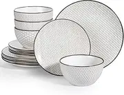 Anmula Dinnerware Sets 12 PCS - Ceramic Plates, Dishes, Bowls Set, Embossed 26 Oz Cereal Bowl, 10" Dinner Plate, 8" Salad Dish, Dinnerware for 4 - Microwave Dishwasher Oven Safe, White