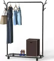 Garment Rack Industrial Style With Wheels and Hooks, Black