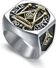 [Generic] Masonic Titanium Steel Ring Square G & Pillars & All Seeing Eye Faith Hope Charity Freemason Master Mason Signet