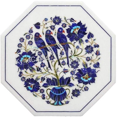 Octagon White Marble Side Table Top Lapis Lazuli Stone Inlay Work Coffee Table