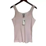 Y2K Dead Stock Chico's Baby Pink Lace Tank Top Sequence Pearl Stretchy Size 2 ++
