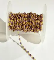 3mm Amethyst Zirconia beads bulk roll chain, gold plated jewelry making rosary